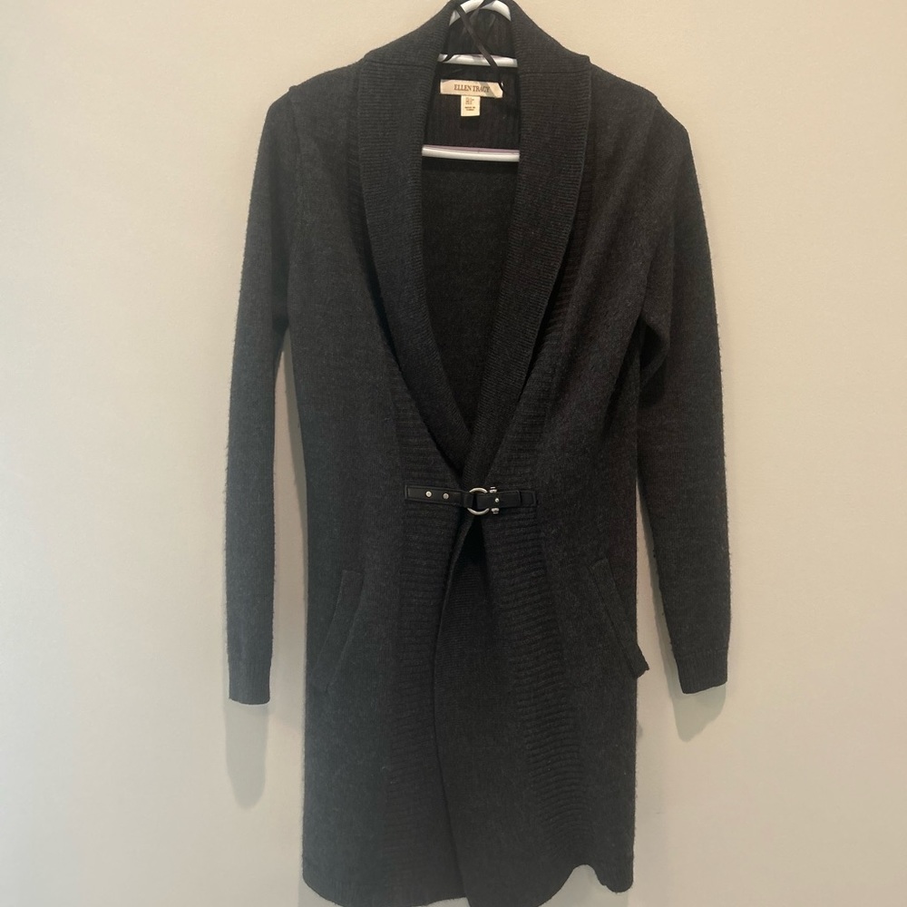 Ellen Tracy Cardigan Sweater Size S Charcoal Grey Detail Buckle